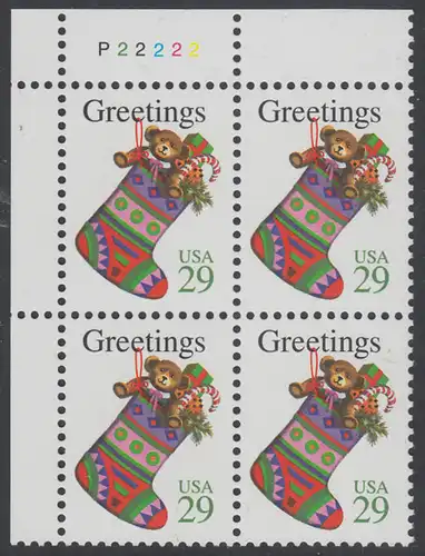 USA Michel 2527A / Scott 2872 postfrisch PLATEBLOCK ECKRAND oben links m/ Platten-# P2222 - Weihnachten: Strumpf mit Geschenken