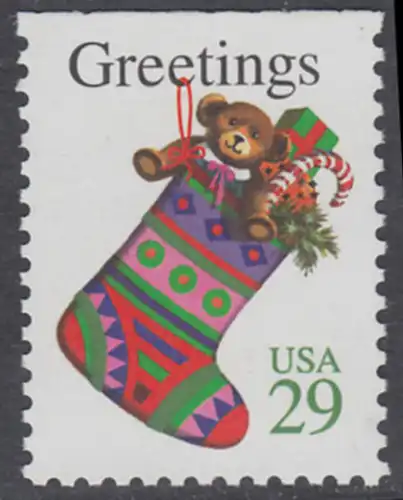 USA Michel 2527F / Scott 2872a postfrisch EINZELMARKE (oben ungezähnt) - Weihnachten: Strumpf mit Geschenken