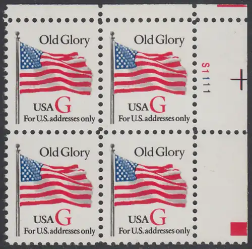 USA Michel 2533 / Scott 2882 postfrisch PLATEBLOCK ECKRAND oben rechts m/ Platten-# S1111 - Flagge \"Old Glory\" (rotes G)