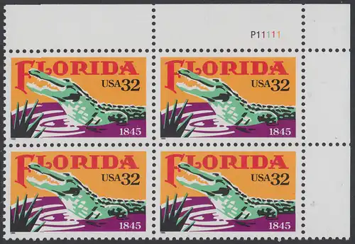 USA Michel 2545 / Scott 2950 postfrisch PLATEBLOCK ECKRAND oben rechts m/ Platten-# P11111 (a) - 150 Jahre Staat Florida: Alligator
