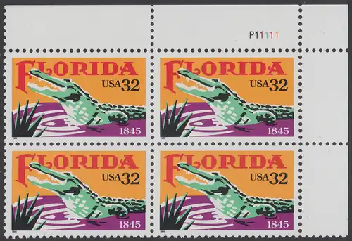 USA Michel 2545 / Scott 2950 postfrisch PLATEBLOCK ECKRAND oben rechts m/ Platten-# P11111 (b) - 150 Jahre Staat Florida: Alligator