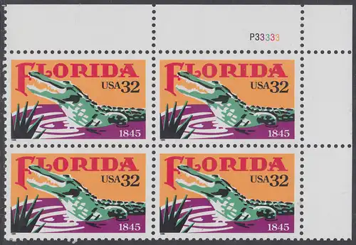 USA Michel 2545 / Scott 2950 postfrisch PLATEBLOCK ECKRAND oben rechts m/ Platten-# P33333 (c) - 150 Jahre Staat Florida: Alligator