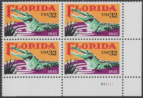USA Michel 2545 / Scott 2950 postfrisch PLATEBLOCK ECKRAND unten rechts m/ Platten-# P11111 (a) - 150 Jahre Staat Florida: Alligator