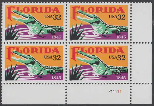USA Michel 2545 / Scott 2950 postfrisch PLATEBLOCK ECKRAND unten rechts m/ Platten-# P11111 (b) - 150 Jahre Staat Florida: Alligator