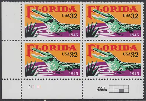 USA Michel 2545 / Scott 2950 postfrisch PLATEBLOCK ECKRAND unten links m/ Platten-# P11111 (a) - 150 Jahre Staat Florida: Alligator
