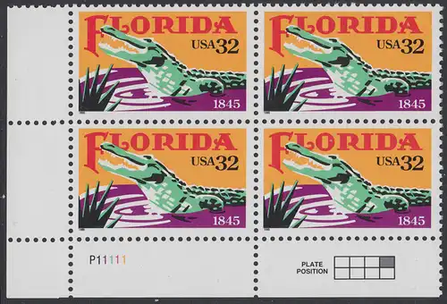 USA Michel 2545 / Scott 2950 postfrisch PLATEBLOCK ECKRAND unten links m/ Platten-# P11111 (b) - 150 Jahre Staat Florida: Alligator