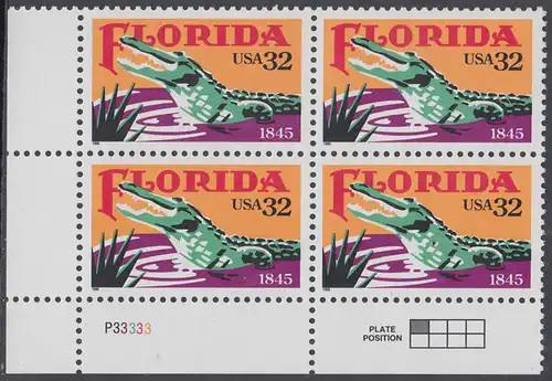 USA Michel 2545 / Scott 2950 postfrisch PLATEBLOCK ECKRAND unten links m/ Platten-# P33333 (c) - 150 Jahre Staat Florida: Alligator