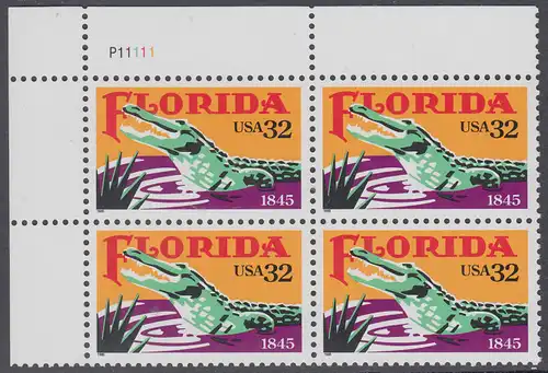 USA Michel 2545 / Scott 2950 postfrisch PLATEBLOCK ECKRAND oben links m/ Platten-# P11111 - 150 Jahre Staat Florida: Alligator