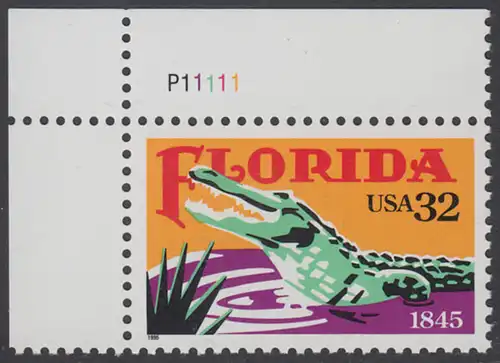 USA Michel 2545 / Scott 2950 postfrisch EINZELMARKE ECKRAND oben links m/ Platten-# P11111 - 150 Jahre Staat Florida: Alligator