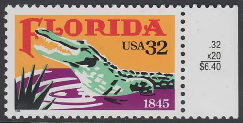 USA Michel 2545 / Scott 2950 postfrisch EINZELMARKE RAND rechts - 150 Jahre Staat Florida: Alligator