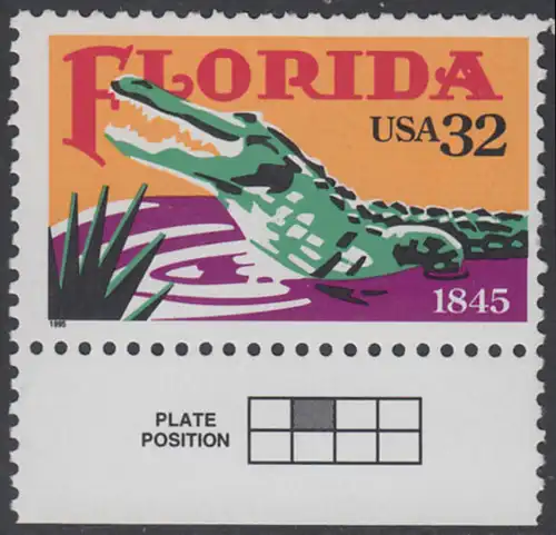 USA Michel 2545 / Scott 2950 postfrisch EINZELMARKE RAND unten - 150 Jahre Staat Florida: Alligator