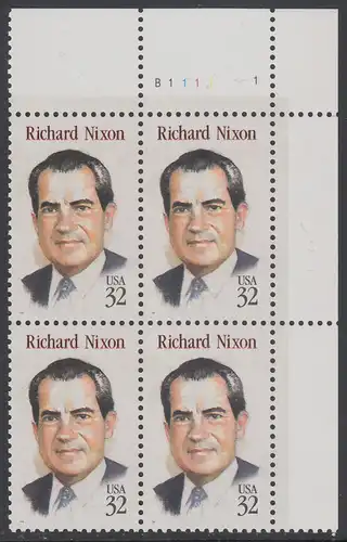 USA Michel 2557 / Scott 2955 postfrisch PLATEBLOCK ECKRAND oben rechts m/ Platten-# B1111-1  - Richard Nixon (1913-1994), 37. Präsident, reg. 1969-1974
