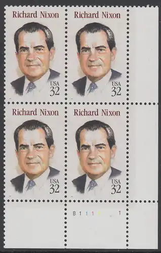 USA Michel 2557 / Scott 2955 postfrisch PLATEBLOCK ECKRAND unten rechts m/ Platten-# B1111-1  - Richard Nixon (1913-1994), 37. Präsident, reg. 1969-1974