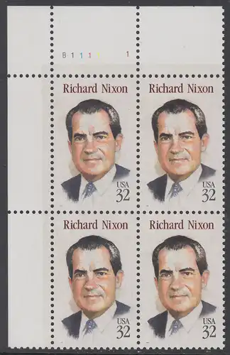 USA Michel 2557 / Scott 2955 postfrisch PLATEBLOCK ECKRAND oben links m/ Platten-# B1111-1  - Richard Nixon (1913-1994), 37. Präsident, reg. 1969-1974