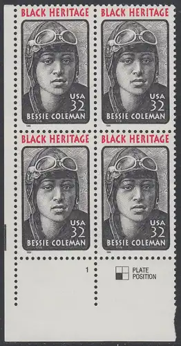 USA Michel 2558 / Scott 2956 postfrisch PLATEBLOCK ECKRAND unten links m/ Platten-# 1 - Schwarzamerikanisches Erbe: Bessie Coleman, Pilotin