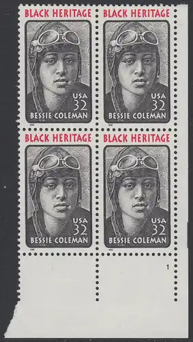 USA Michel 2558 / Scott 2956 postfrisch PLATEBLOCK ECKRAND unten rechts m/ Platten-# 1 - Schwarzamerikanisches Erbe: Bessie Coleman, Pilotin