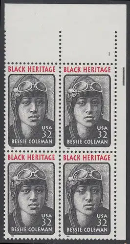 USA Michel 2558 / Scott 2956 postfrisch PLATEBLOCK ECKRAND oben rechts m/ Platten-# 1 - Schwarzamerikanisches Erbe: Bessie Coleman, Pilotin