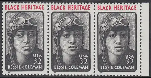 USA Michel 2558 / Scott 2956 postfrisch horiz.STRIP(3) RAND rechts - Schwarzamerikanisches Erbe: Bessie Coleman, Pilotin