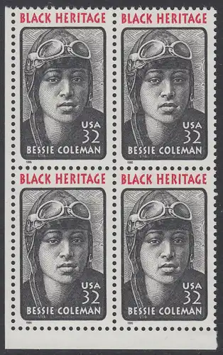 USA Michel 2558 / Scott 2956 postfrisch BLOCK ECKRAND unten links - Schwarzamerikanisches Erbe: Bessie Coleman, Pilotin