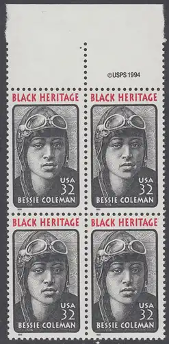 USA Michel 2558 / Scott 2956 postfrisch BLOCK RÄNDER oben m/ copyright symbol - Schwarzamerikanisches Erbe: Bessie Coleman, Pilotin