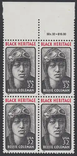 USA Michel 2558 / Scott 2956 postfrisch BLOCK RÄNDER oben (a2) - Schwarzamerikanisches Erbe: Bessie Coleman, Pilotin