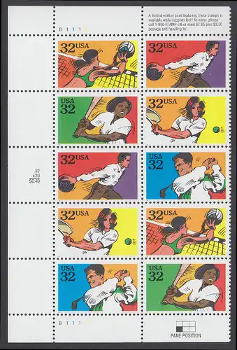 USA Michel 2564-2568 / Scott 2961-2965 postfrisch vert.PLATEBLOCK(10) m/ Platten-# B1111 - Freizeitsport