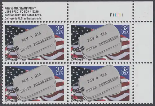 USA Michel 2569 / Scott 2966 postfrisch PLATEBLOCK ECKRAND oben rechts m/ Platten-# P11111 - Kriegsgefangene und Vermißte; Militärische Erkennungsmarken, Staatsflagge