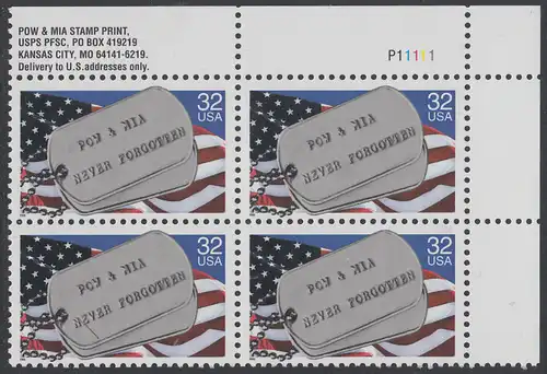 USA Michel 2569 / Scott 2966 postfrisch PLATEBLOCK ECKRAND oben rechts m/ Platten-# P11111 (b) - Kriegsgefangene und Vermißte; Militärische Erkennungsmarken, Staatsflagge