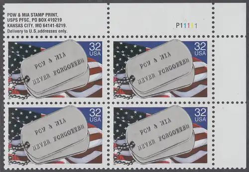 USA Michel 2569 / Scott 2966 postfrisch PLATEBLOCK ECKRAND oben rechts m/ Platten-# P11111 (c) - Kriegsgefangene und Vermißte; Militärische Erkennungsmarken, Staatsflagge