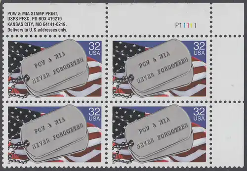 USA Michel 2569 / Scott 2966 postfrisch PLATEBLOCK ECKRAND oben rechts m/ Platten-# P11111 (d) - Kriegsgefangene und Vermißte; Militärische Erkennungsmarken, Staatsflagge