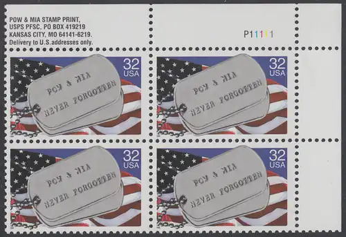 USA Michel 2569 / Scott 2966 postfrisch PLATEBLOCK ECKRAND oben rechts m/ Platten-# P11111 (f) - Kriegsgefangene und Vermißte; Militärische Erkennungsmarken, Staatsflagge