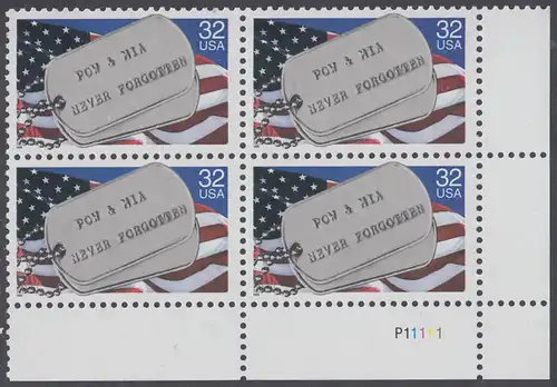 USA Michel 2569 / Scott 2966 postfrisch PLATEBLOCK ECKRAND unten rechts m/ Platten-# P11111 (a) - Kriegsgefangene und Vermißte; Militärische Erkennungsmarken, Staatsflagge