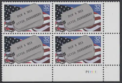 USA Michel 2569 / Scott 2966 postfrisch PLATEBLOCK ECKRAND unten rechts m/ Platten-# P11111 (b) - Kriegsgefangene und Vermißte; Militärische Erkennungsmarken, Staatsflagge