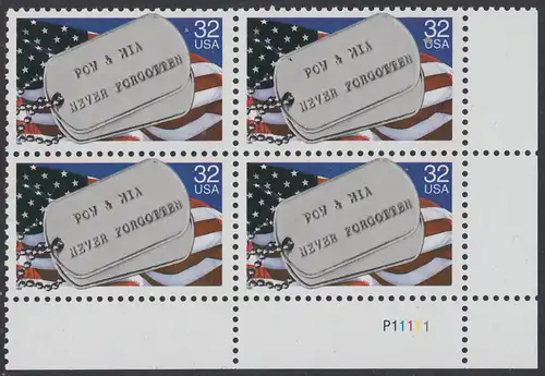 USA Michel 2569 / Scott 2966 postfrisch PLATEBLOCK ECKRAND unten rechts m/ Platten-# P11111 (c) - Kriegsgefangene und Vermißte; Militärische Erkennungsmarken, Staatsflagge