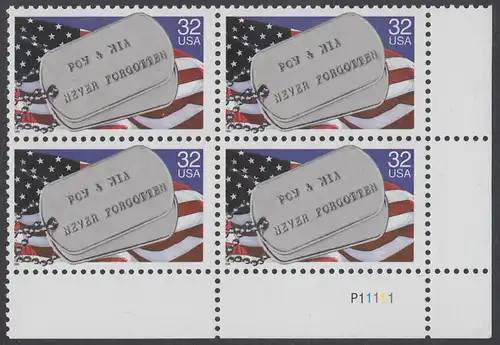 USA Michel 2569 / Scott 2966 postfrisch PLATEBLOCK ECKRAND unten rechts m/ Platten-# P11111 (d) - Kriegsgefangene und Vermißte; Militärische Erkennungsmarken, Staatsflagge
