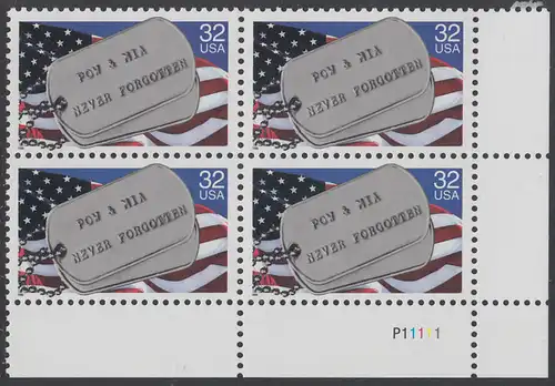 USA Michel 2569 / Scott 2966 postfrisch PLATEBLOCK ECKRAND unten rechts m/ Platten-# P11111 (e) - Kriegsgefangene und Vermißte; Militärische Erkennungsmarken, Staatsflagge