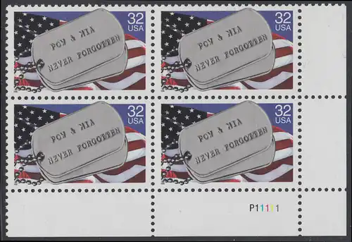 USA Michel 2569 / Scott 2966 postfrisch PLATEBLOCK ECKRAND unten rechts m/ Platten-# P11111 (f) - Kriegsgefangene und Vermißte; Militärische Erkennungsmarken, Staatsflagge