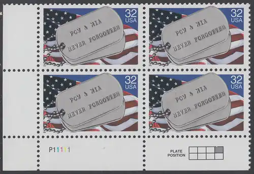 USA Michel 2569 / Scott 2966 postfrisch PLATEBLOCK ECKRAND unten links m/ Platten-# P11111 (a) - Kriegsgefangene und Vermißte; Militärische Erkennungsmarken, Staatsflagge