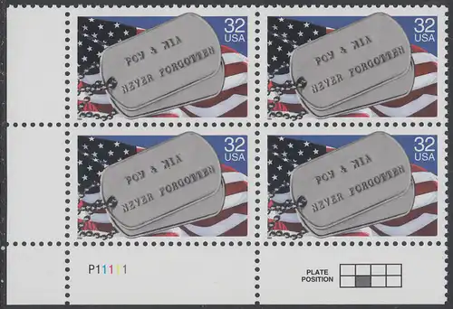 USA Michel 2569 / Scott 2966 postfrisch PLATEBLOCK ECKRAND unten links m/ Platten-# P11111 (b) - Kriegsgefangene und Vermißte; Militärische Erkennungsmarken, Staatsflagge