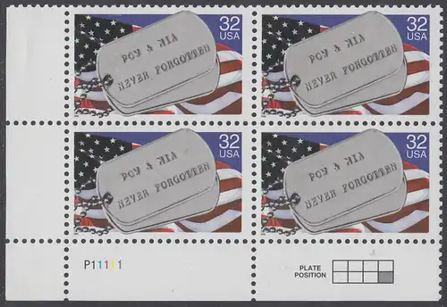 USA Michel 2569 / Scott 2966 postfrisch PLATEBLOCK ECKRAND unten links m/ Platten-# P11111 (c) - Kriegsgefangene und Vermißte; Militärische Erkennungsmarken, Staatsflagge