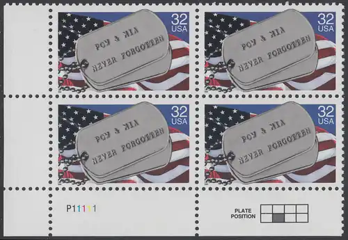 USA Michel 2569 / Scott 2966 postfrisch PLATEBLOCK ECKRAND unten links m/ Platten-# P11111 (e) - Kriegsgefangene und Vermißte; Militärische Erkennungsmarken, Staatsflagge