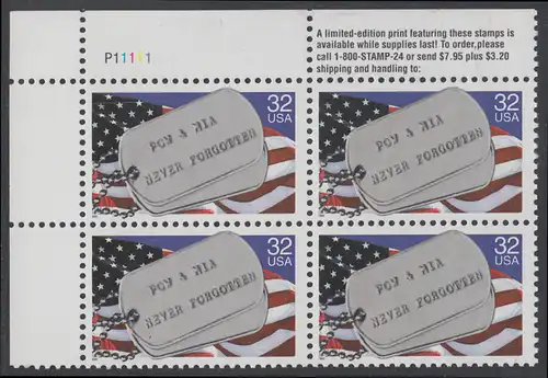 USA Michel 2569 / Scott 2966 postfrisch PLATEBLOCK ECKRAND oben links m/ Platten-# P11111 (a) - Kriegsgefangene und Vermißte; Militärische Erkennungsmarken, Staatsflagge
