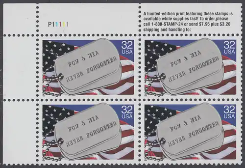 USA Michel 2569 / Scott 2966 postfrisch PLATEBLOCK ECKRAND oben links m/ Platten-# P11111 (b) - Kriegsgefangene und Vermißte; Militärische Erkennungsmarken, Staatsflagge