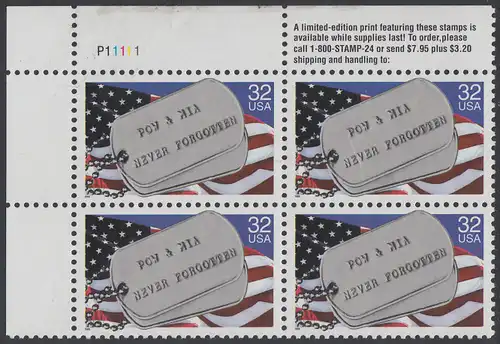 USA Michel 2569 / Scott 2966 postfrisch PLATEBLOCK ECKRAND oben links m/ Platten-# P11111 (c) - Kriegsgefangene und Vermißte; Militärische Erkennungsmarken, Staatsflagge