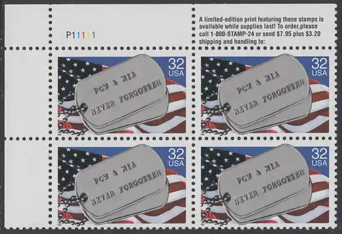 USA Michel 2569 / Scott 2966 postfrisch PLATEBLOCK ECKRAND oben links m/ Platten-# P11111 (d) - Kriegsgefangene und Vermißte; Militärische Erkennungsmarken, Staatsflagge
