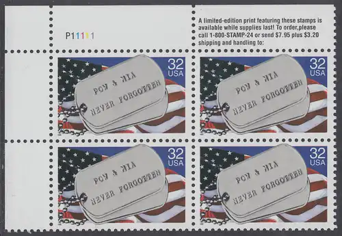 USA Michel 2569 / Scott 2966 postfrisch PLATEBLOCK ECKRAND oben links m/ Platten-# P11111 (e) - Kriegsgefangene und Vermißte; Militärische Erkennungsmarken, Staatsflagge