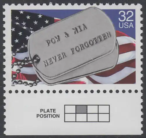 USA Michel 2569 / Scott 2966 postfrisch EINZELMARKE RAND unten - Kriegsgefangene und Vermißte; Militärische Erkennungsmarken, Staatsflagge
