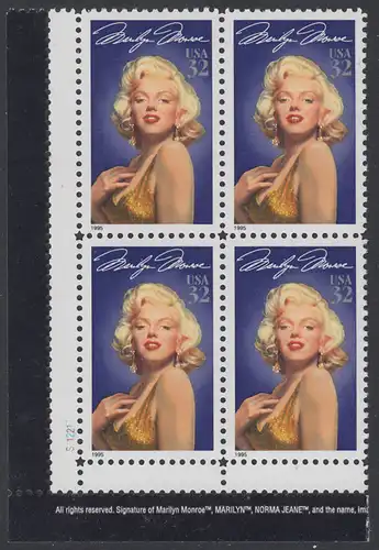USA Michel 2570 / Scott 2967 postfrisch PLATEBLOCK ECKRAND unten links m/ Platten-# S112211 (b) - Hollywood-Legenden: Marilyn Monroe (1926-1962), Schauspielerin
