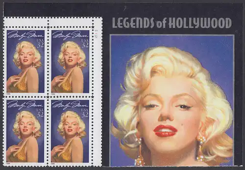 USA Michel 2570 / Scott 2967 postfrisch PLATEBLOCK ECKRAND oben rechts m/ Platten-# S112211 - Hollywood-Legenden: Marilyn Monroe (1926-1962), Schauspielerin