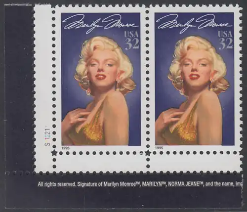 USA Michel 2570 / Scott 2967 postfrisch horiz.PAAR ECKRAND unten links m/ Platten-# S112211 - Hollywood-Legenden: Marilyn Monroe (1926-1962), Schauspielerin